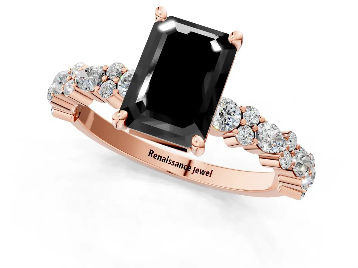 Fancy Black Emerald Cut Diamond Side Stone Solitaire Ring with Round and Four-Prong Setting Rose gold
