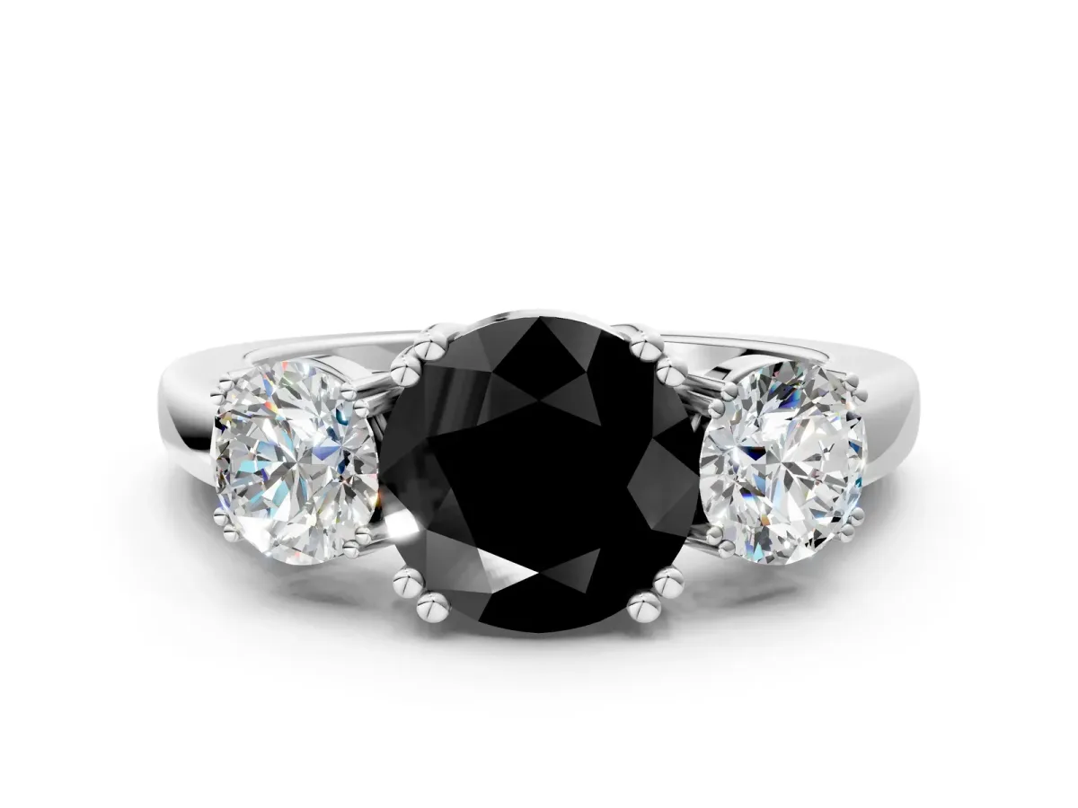 Fancy Black Three-Stone Round Cut Cut Diamond Ring with Channel Set Band and Four-Prong Setting Silver