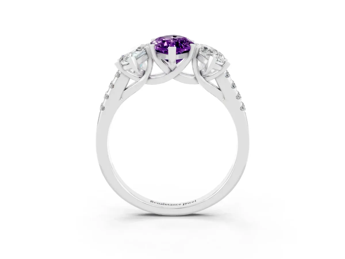 Three-Stone Marquise Cut Amethyst Ring with Round Pavé Band and Prong Setting Platinum