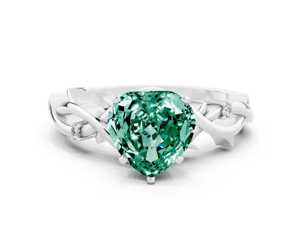 Heart Cut Green Sapphire Solitaire Ring with Twisted Band and Prong Setting Silver