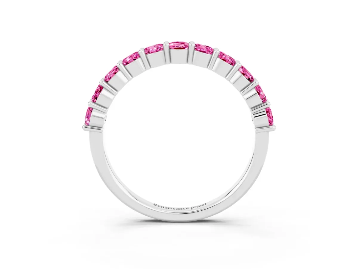 Round Pink Sapphire Half Eternity Band with Prong Setting Platinum