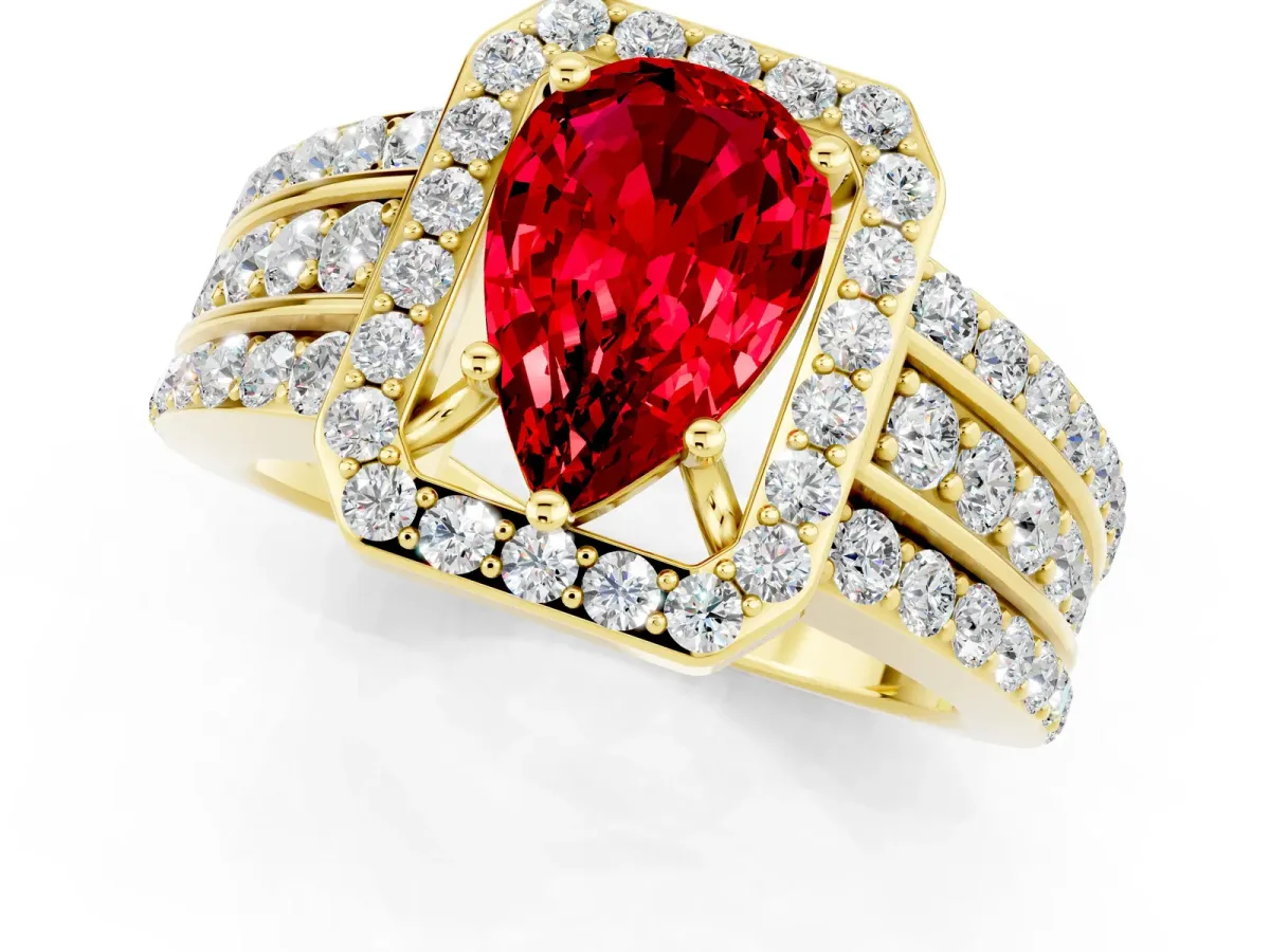 Pear Cut Halo Ruby Ring with Round Split Shank and Prong Setting Yellow gold