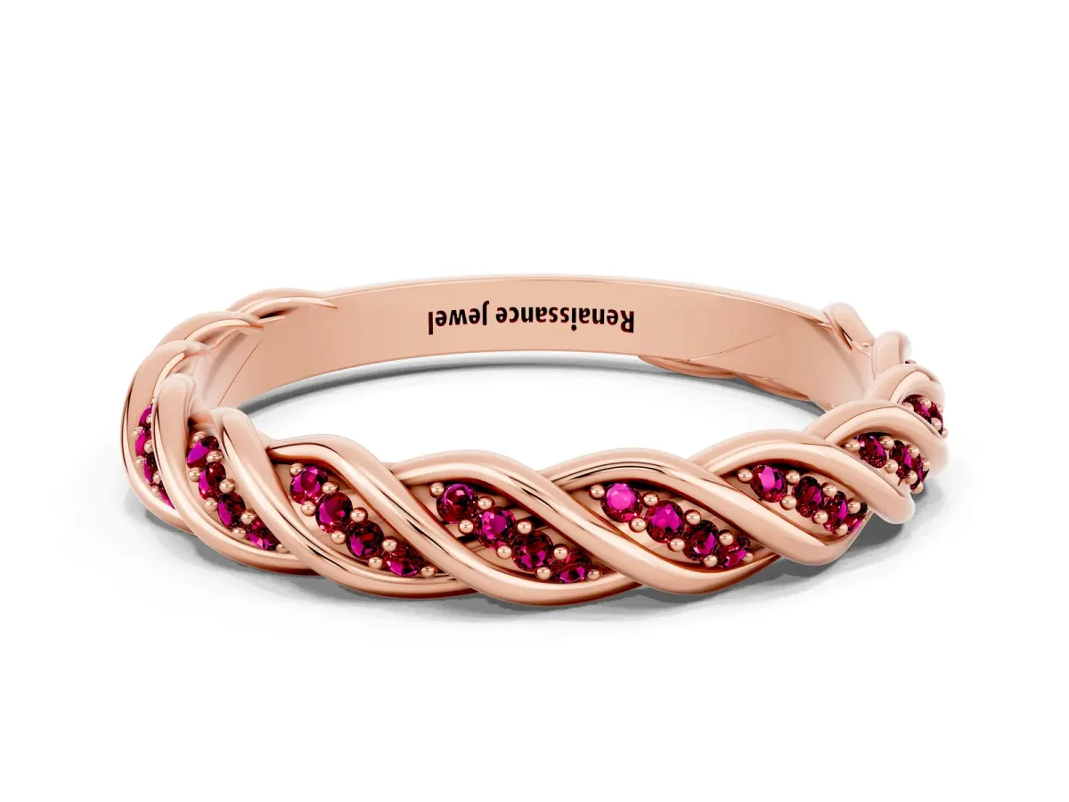 Twisted Pavé Round Garnet Eternity Band with Shared Prong Setting Rose gold