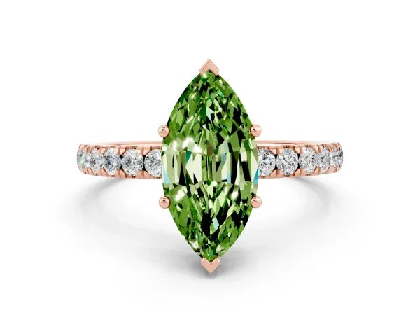 Marquise Cut Peridot Pave Band Solitaire Ring with Round and Prong Setting Rose gold