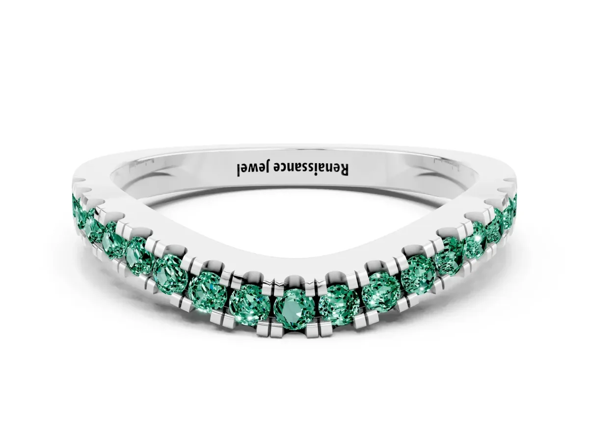 Round Green Sapphire Pavé Curved Band with Shared Prong Setting Silver