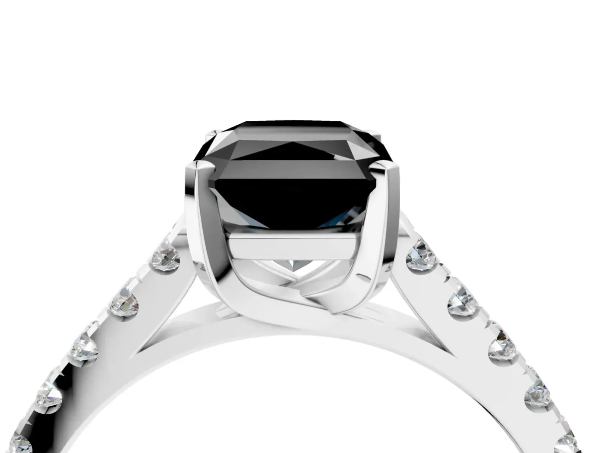 Fancy Black Radiant Cut Diamond Pavé Band Solitaire Ring with Prong Setting Platinum