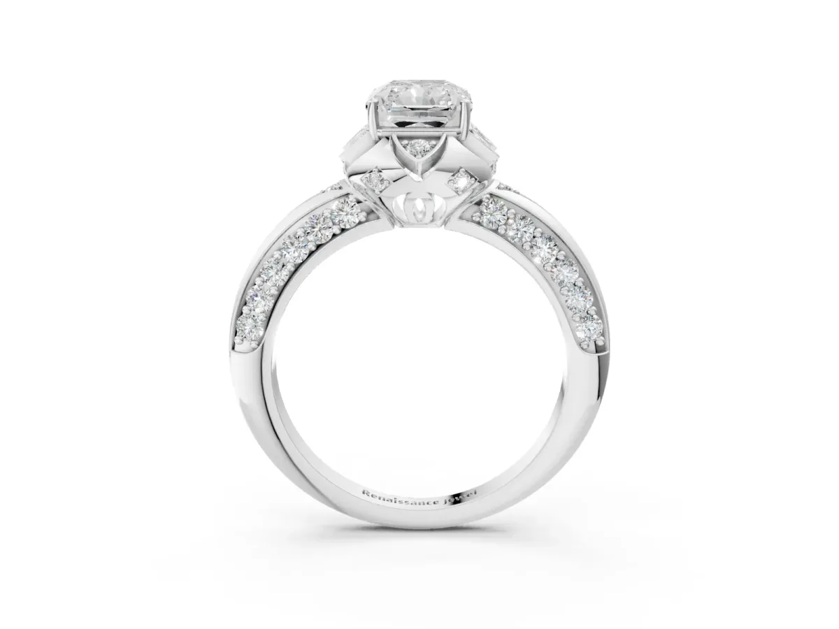 Radiant Cut Halo Split Shank Pave Diamond Ring with Petal Prong Setting Platinum