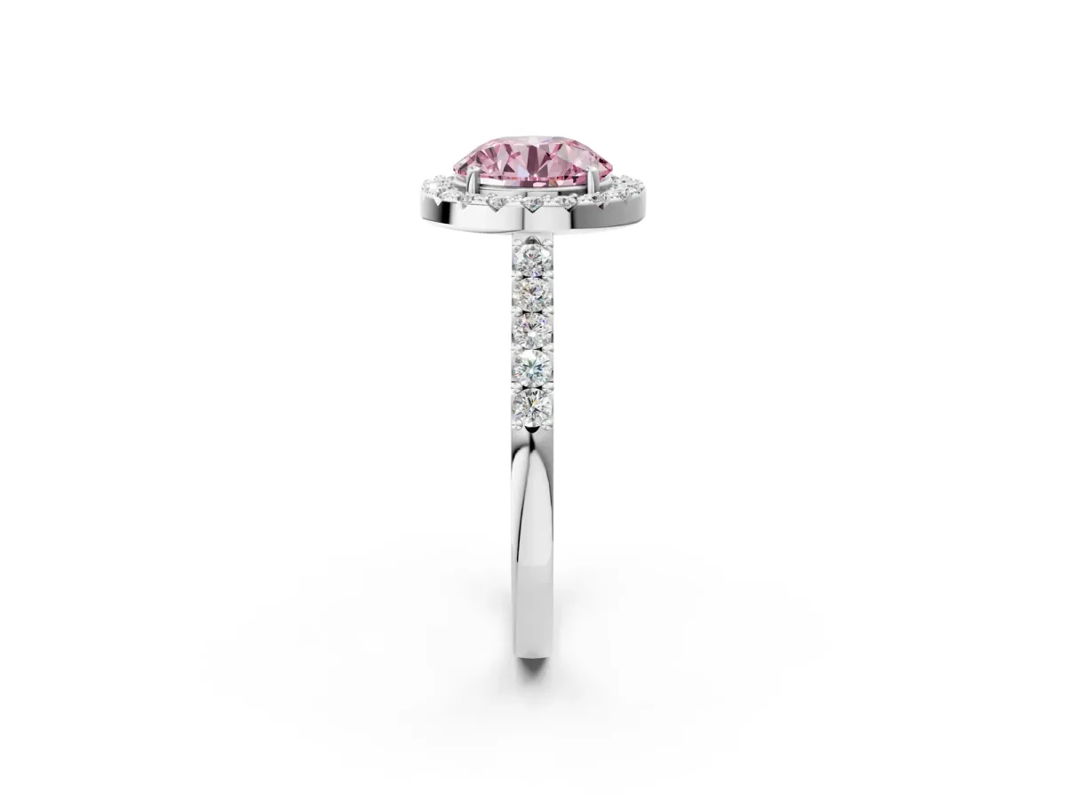 Fancy Pink Round Cut Halo Diamond Pavé Solitaire Ring Platinum