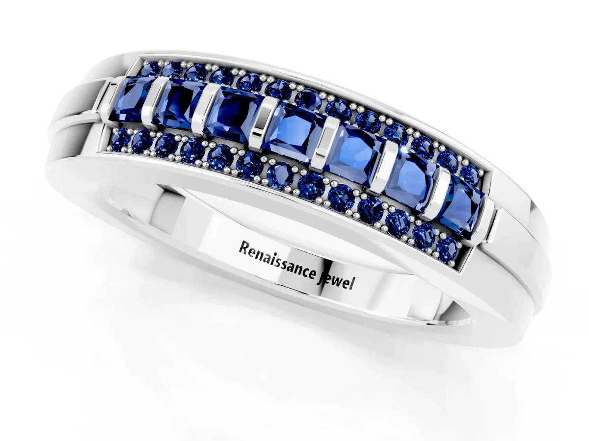 Bar-Set Princess Cut Blue Sapphire Pavé Band Silver