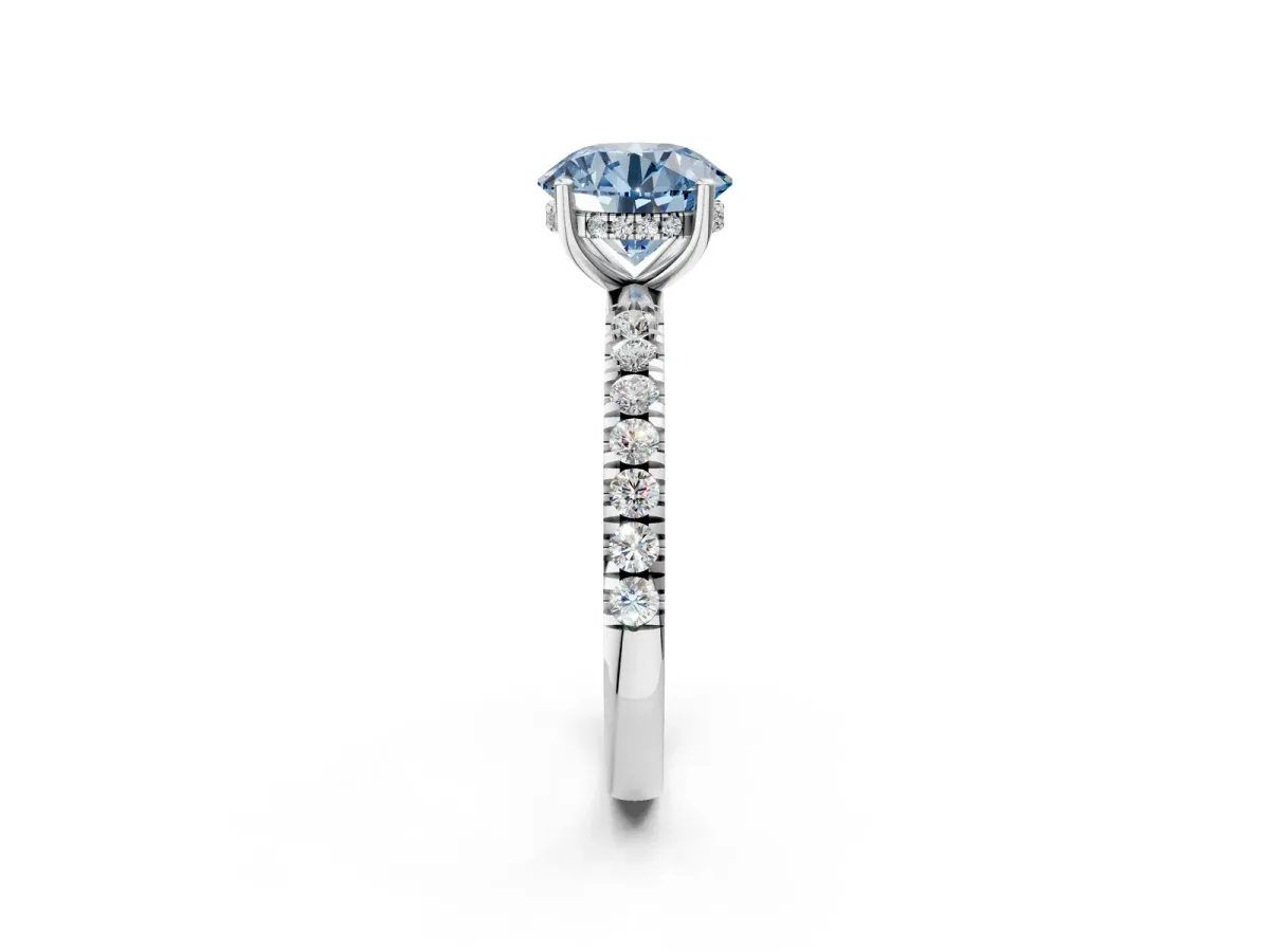 Fancy Blue Round Cut Diamond Pave Band Solitaire Ring with Round and Prong Setting Platinum
