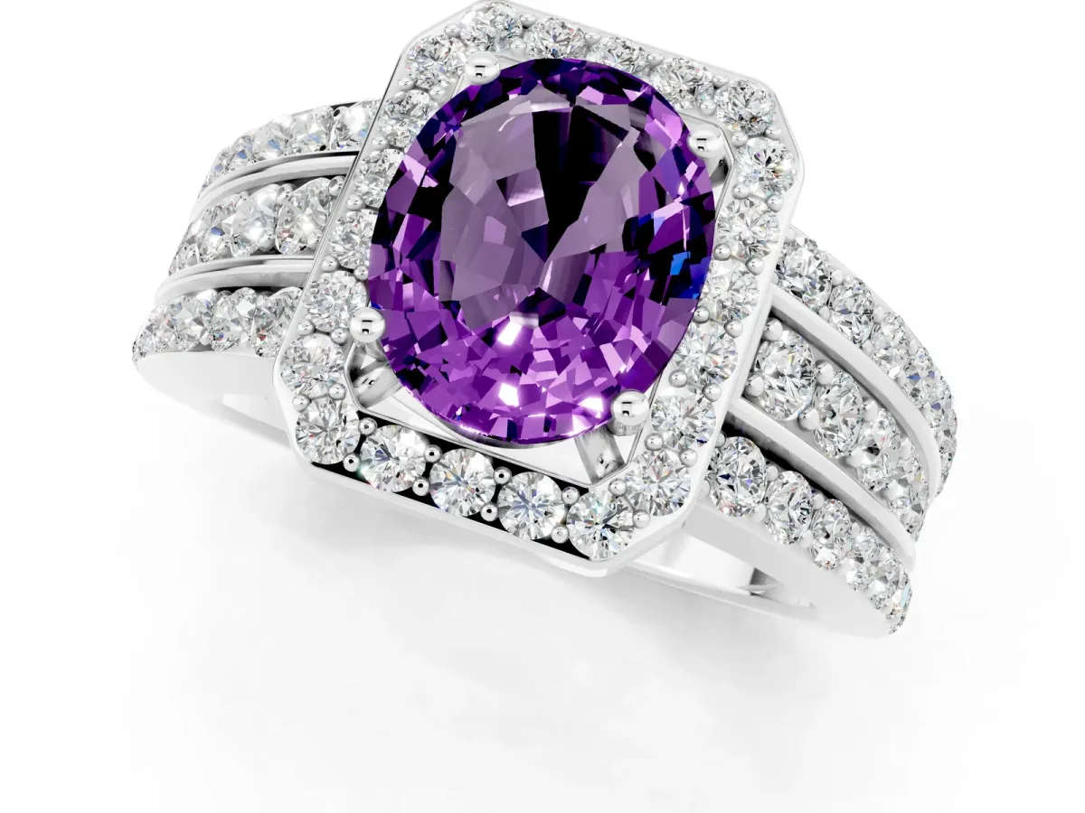 Oval Cut Halo Amethyst Ring with Round Split Shank and Prong Setting Platinum