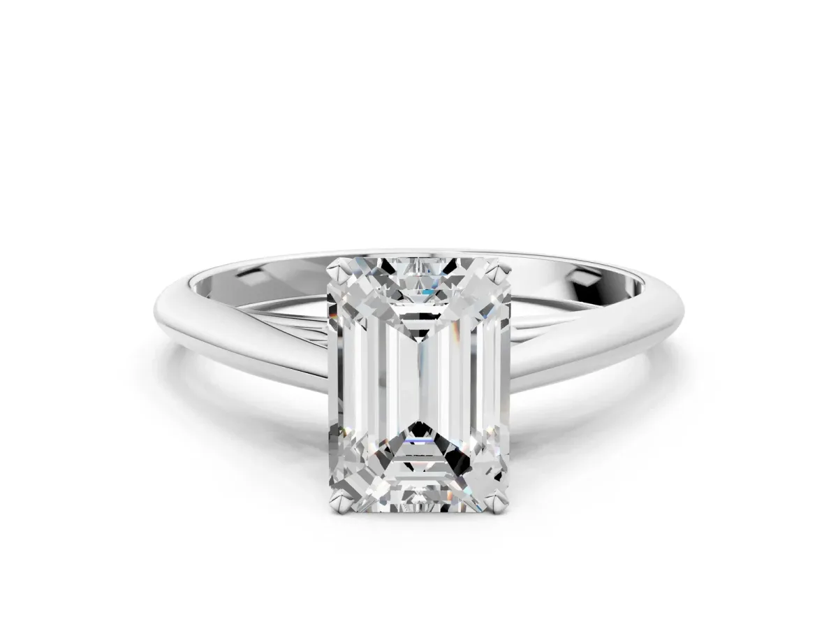 Emerald Cut Diamond Solitaire Engagement Ring with Cathedral Setting and Four-Prong Mount White gold