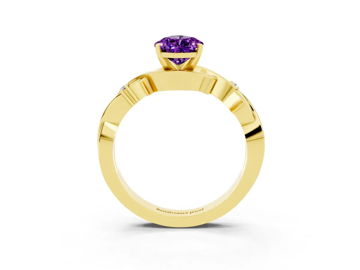 Pear Cut Amethyst Solitaire Ring with Twisted Band and Prong Setting Yellow gold