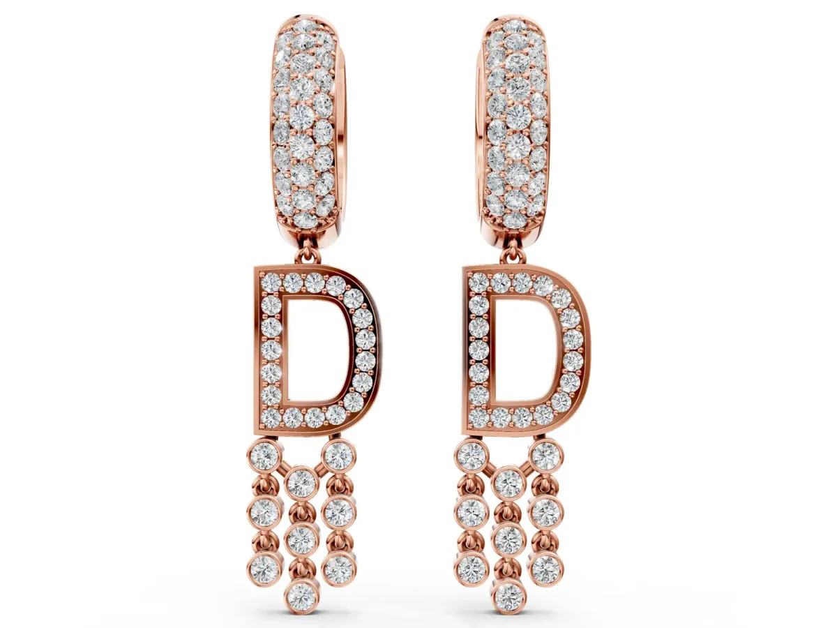 Round Diamond Initial D Huggie Hoop Earrings Rose gold