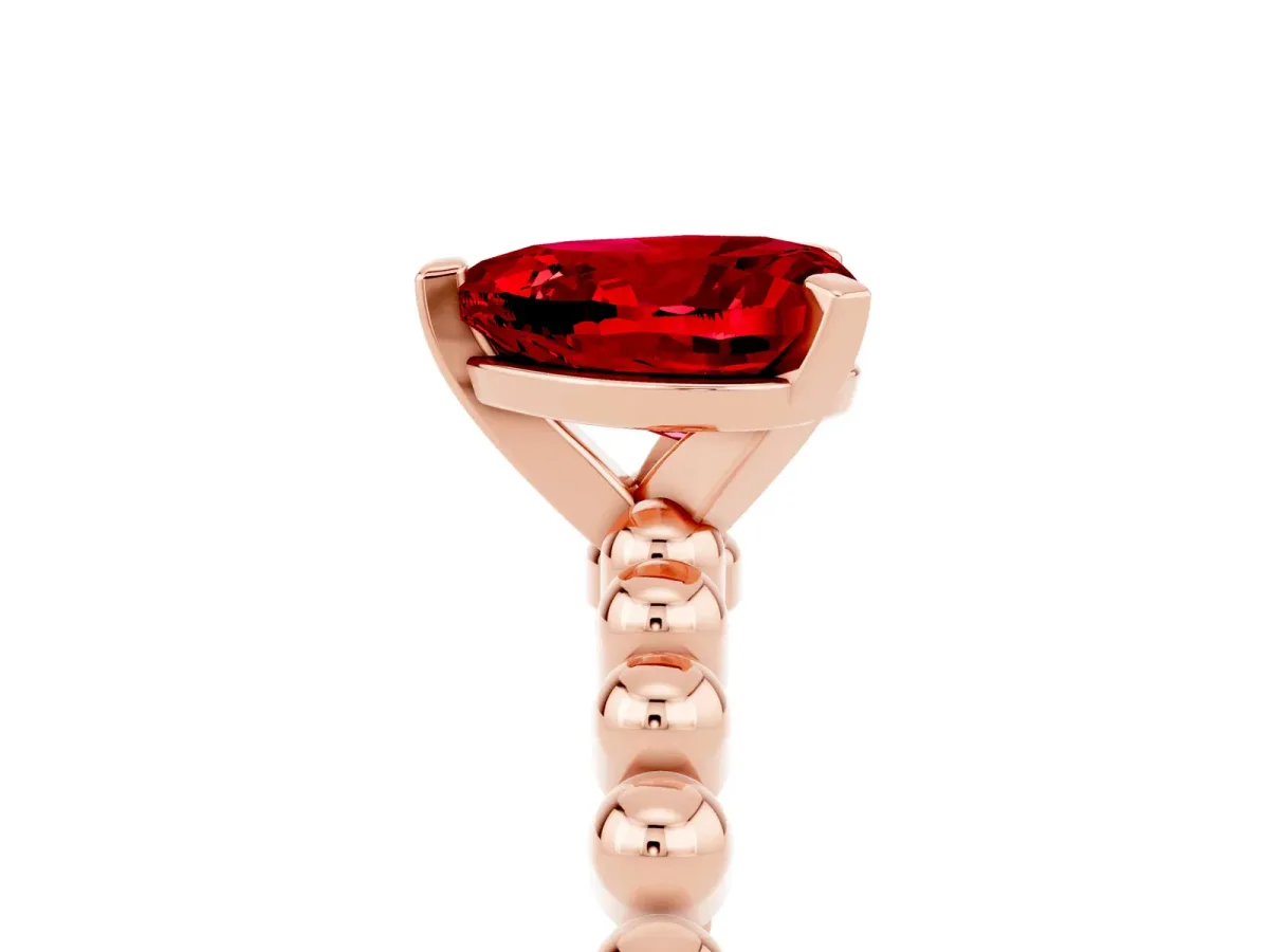 Heart Cut Ruby Solitaire Ring with Beaded Band and Prong Setting Rose gold