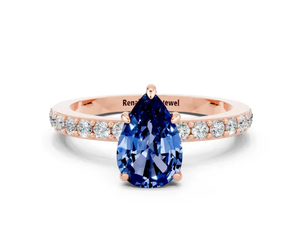 Pear Cut Blue Sapphire Solitaire Engagement Ring with Pavé Band and Four-Prong Setting Rose gold