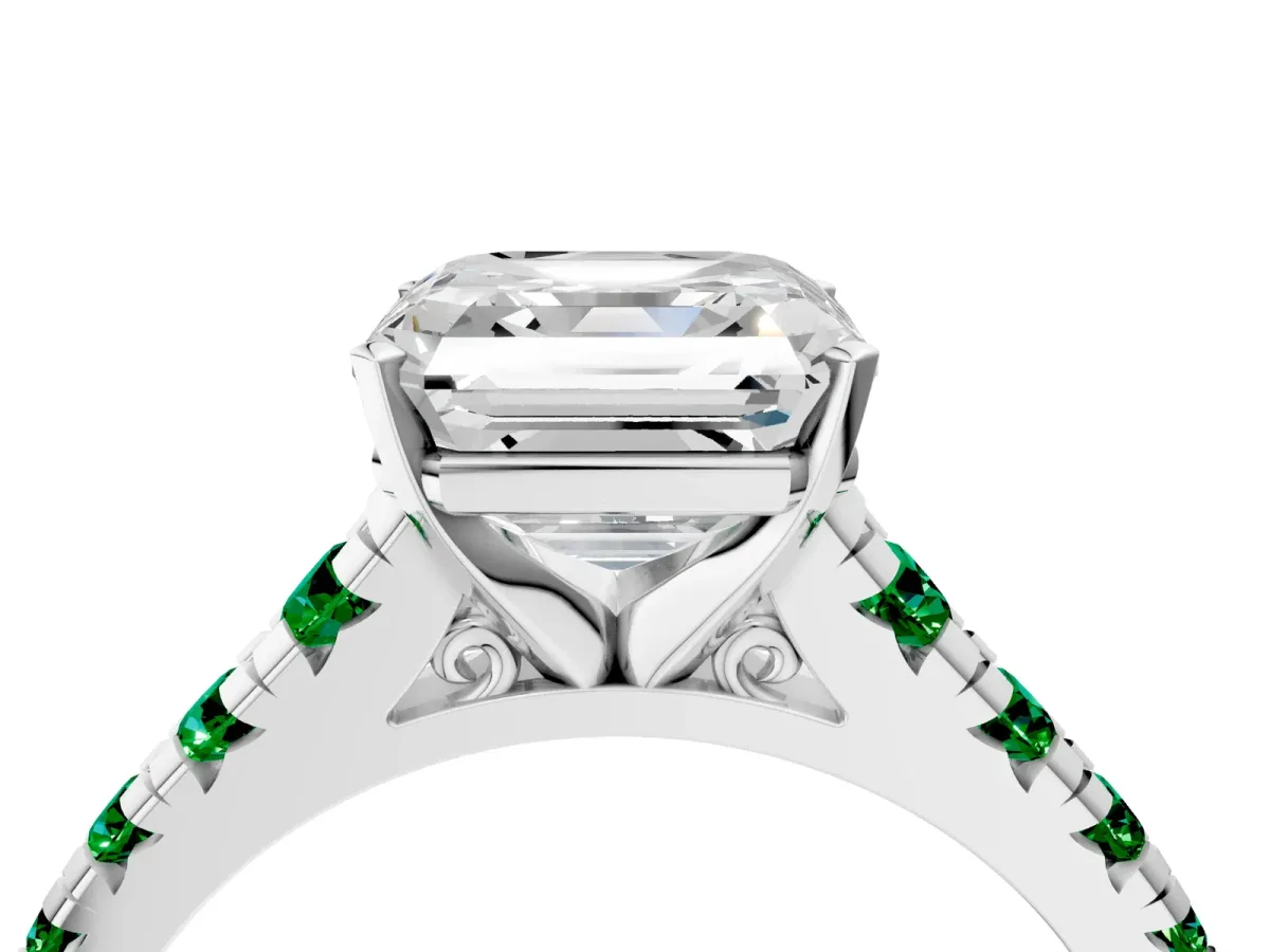 Asscher Cut Diamond Cathedral Solitaire Ring with Round Emerald Pavé Band Platinum