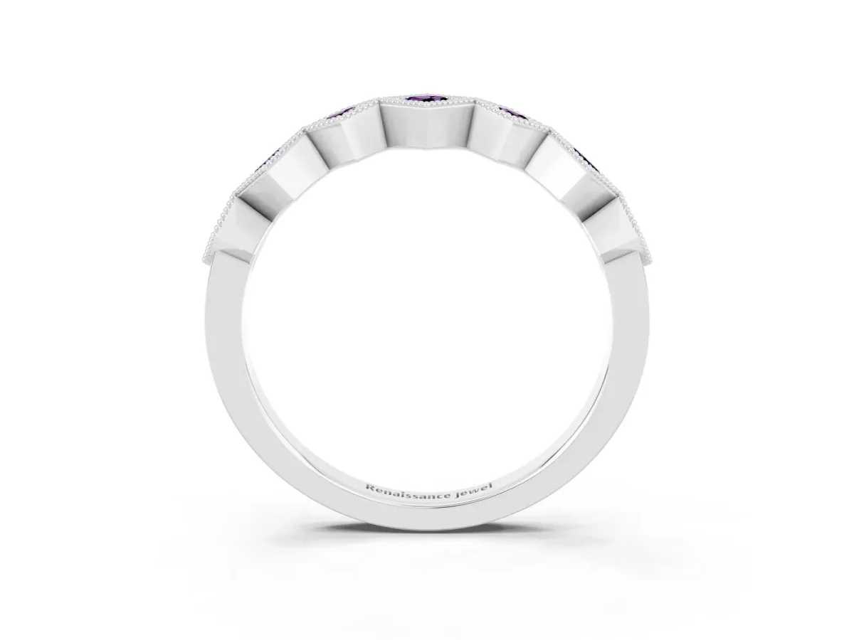 Milgrain Square Bezel Round Amethyst Chevron Band Platinum