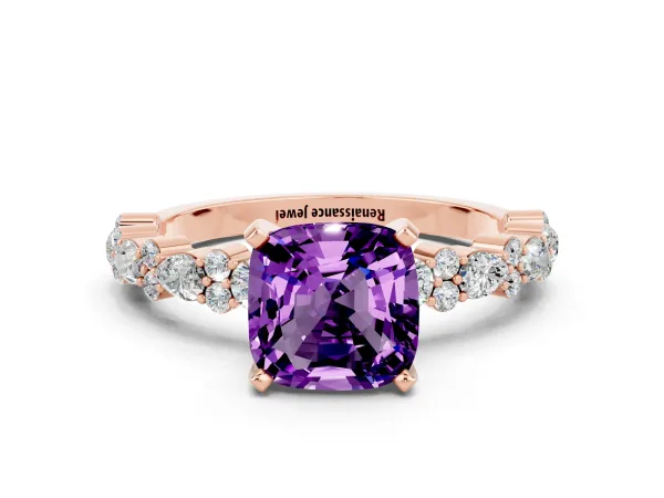 Cushion Cut Amethyst Side Stone Solitaire Ring with Round and Four-Prong Setting Rose gold