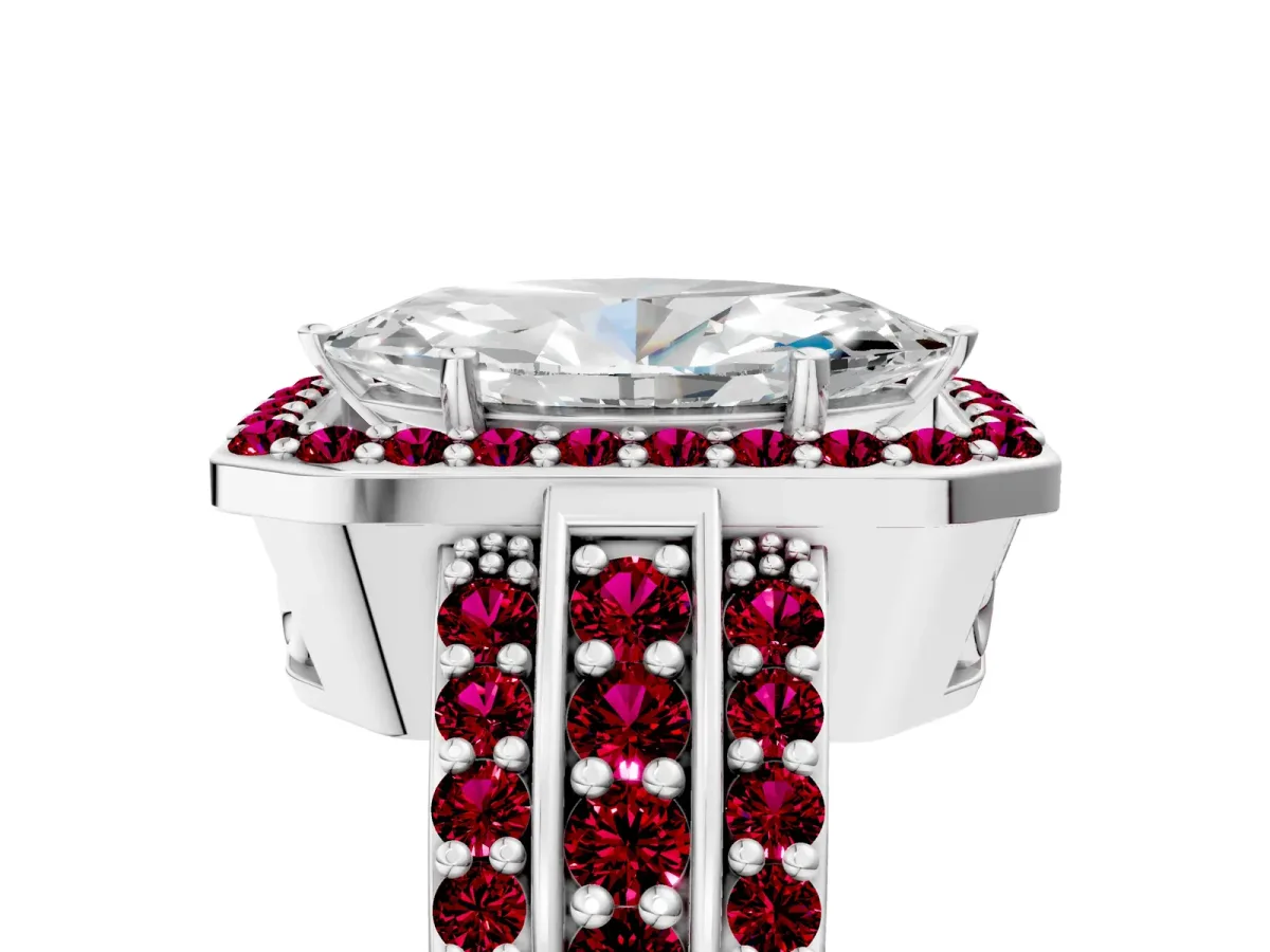 Marquise Cut Halo Diamond Ring with Round Garnet Split Shank and Prong Setting Silver