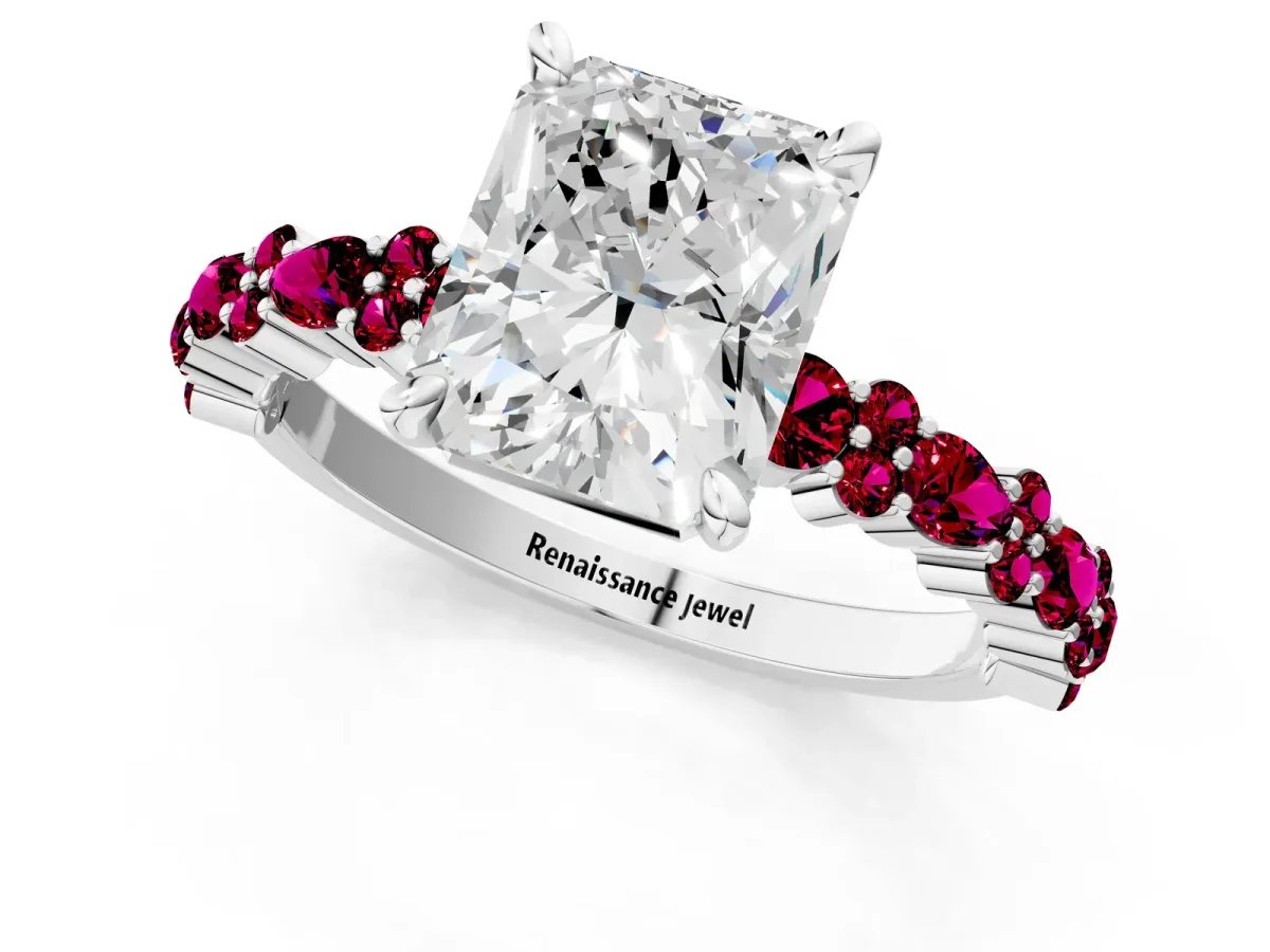 Radiant Cut Diamond Side Stone Solitaire Ring with Round Garnet and Four-Prong Setting Platinum