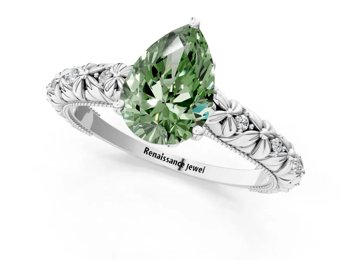 Fancy Green Pear Cut Solitaire Floral Milgrain Engagement Ring Silver