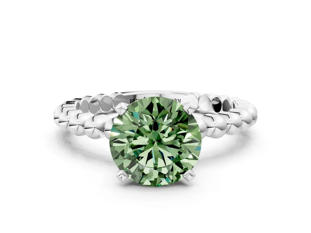 Fancy Green Round Cut Diamond Solitaire Ring with Beaded Band and Prong Setting Silver