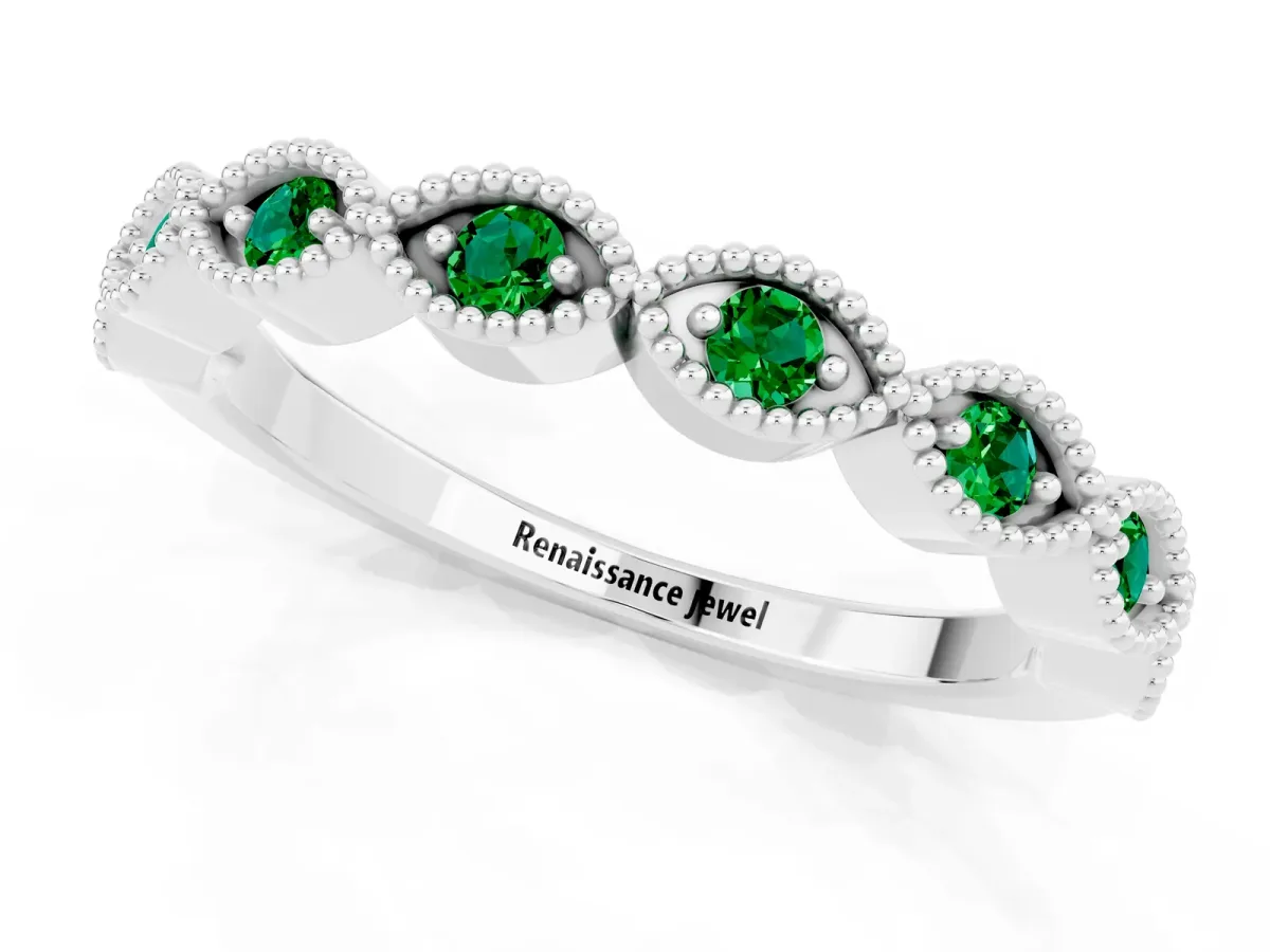 Milgrain Marquise Emerald Half Eternity Band with Bezel Setting White gold