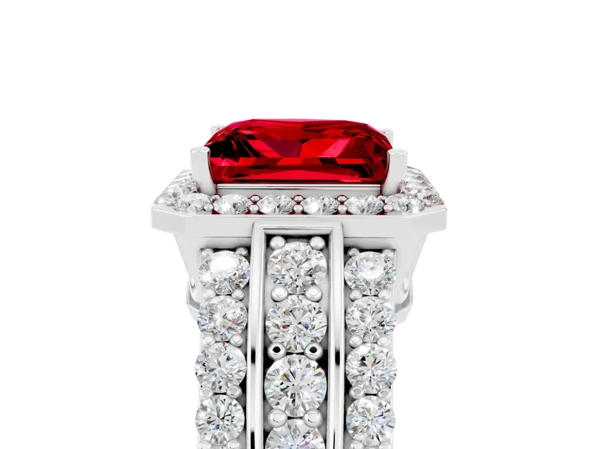 Princess Cut Halo Ruby Ring with Round Split Shank and Prong Setting White gold
