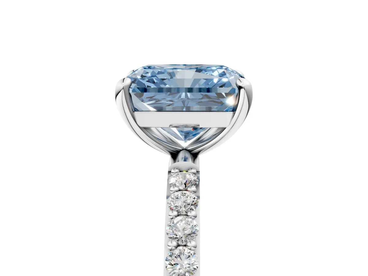 Fancy Blue Radiant Cut Diamond Solitaire Ring with Round Pavé Band and Prong Setting Silver