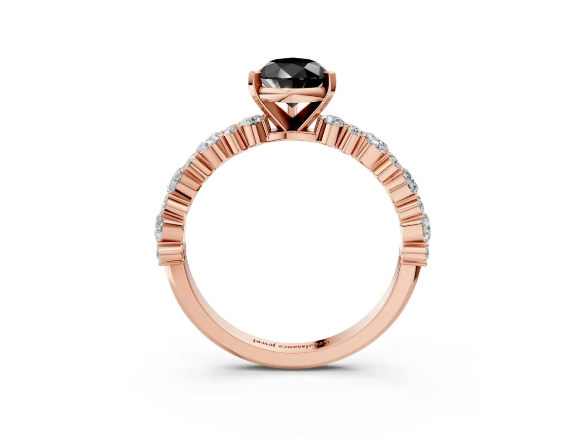 Fancy Black Pear Cut Diamond Side Stone Solitaire Ring with Round and Four-Prong Setting Rose gold