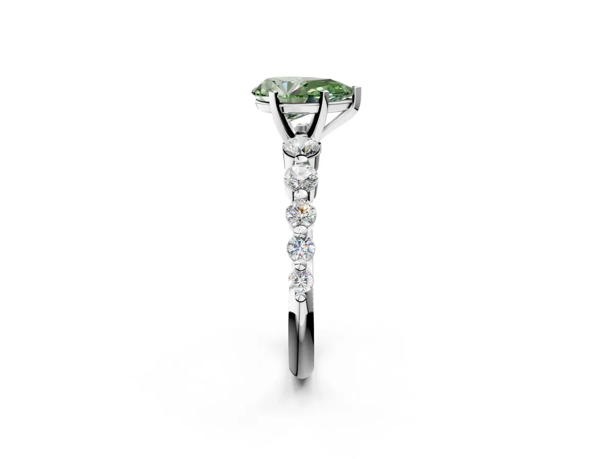 Fancy Green Pear Cut Solitaire Diamond Ring with Pave Band and Four-Prong Setting Platinum