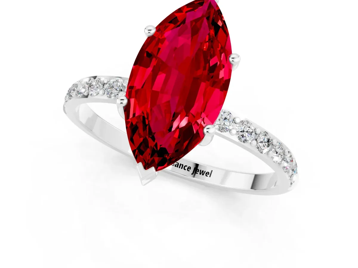 Marquise Cut Ruby Solitaire Ring with Round Pavé Band and Prong Setting Silver
