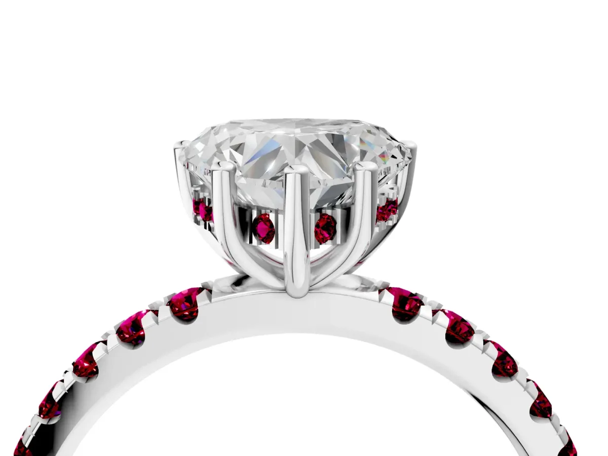 Heart Cut Diamond Pave Band Solitaire Ring with Round Garnet and Prong Setting Silver