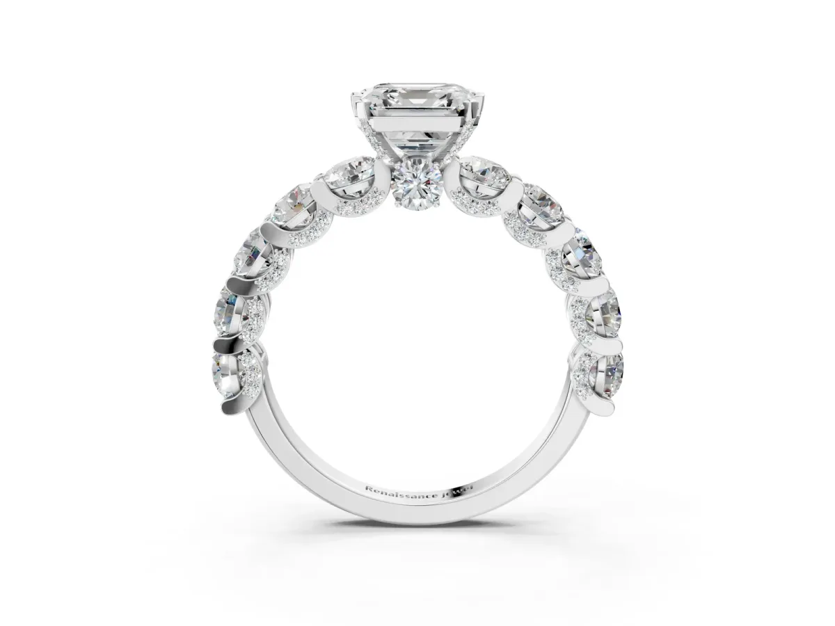 Asscher Cut Diamond Side Stone Engagement Ring with Four-Prong Setting Silver
