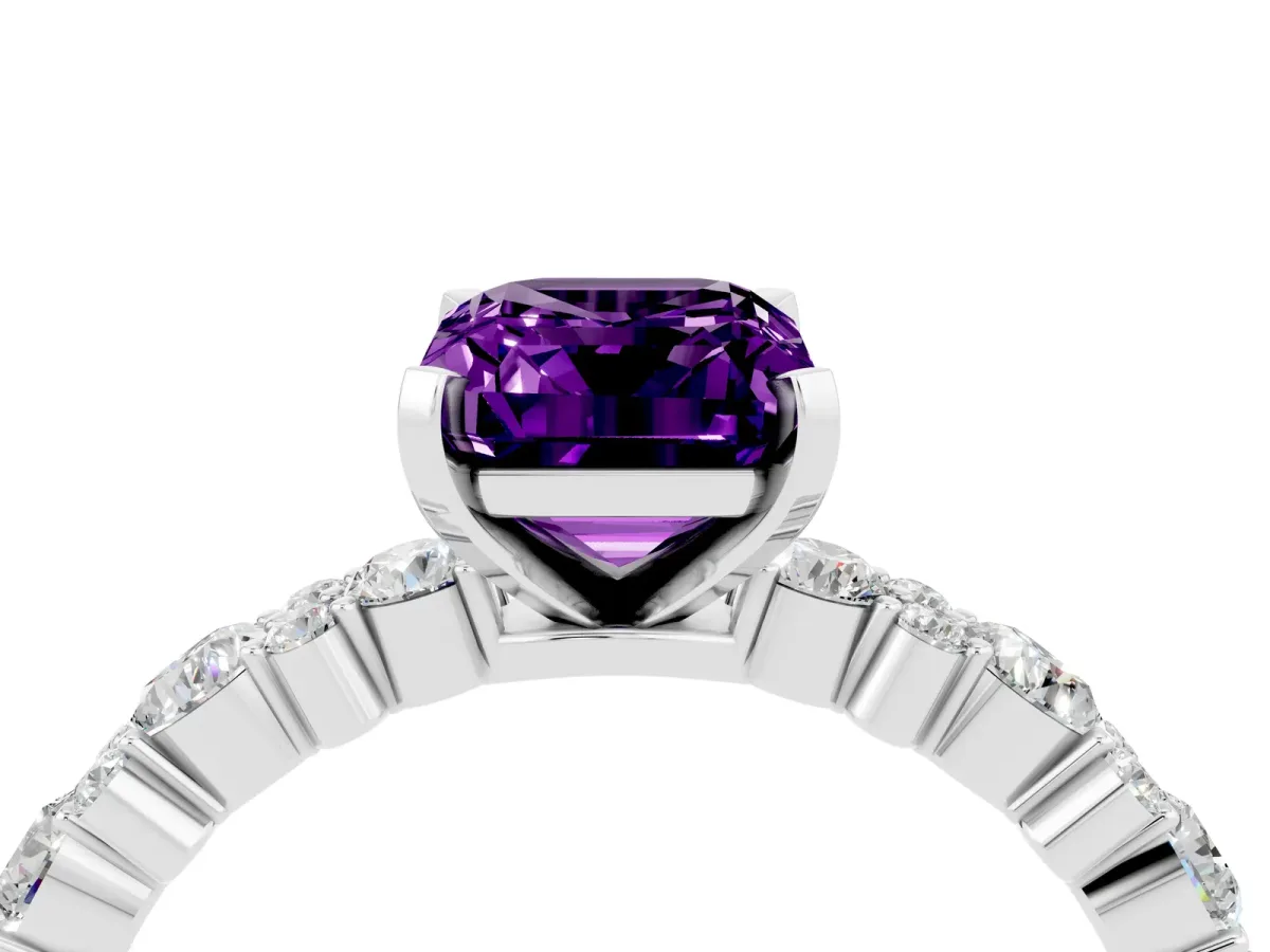 Emerald Cut Amethyst Side Stone Solitaire Ring with Round and Four-Prong Setting White gold