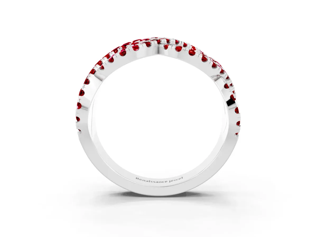 Pavé Round Ruby Infinity Twist Band with Shared Prong Setting Platinum
