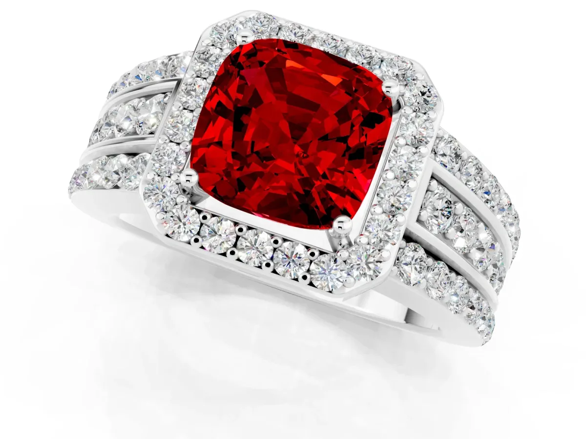 Cushion Cut Halo Ruby Ring with Round Split Shank and Prong Setting Platinum