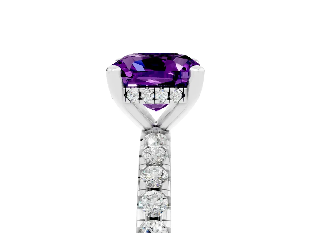 Cushion Cut Amethyst Solitaire Ring with Round Pavé Band and Four-Prong Setting Silver