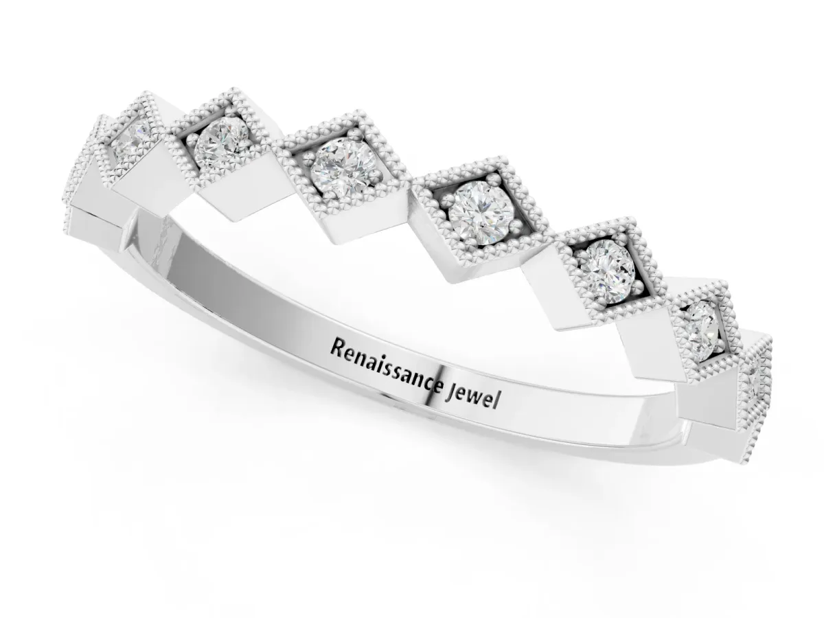 Milgrain Diamond Geometric Stackable Band with Round Cut Stones and Bezel Setting White gold