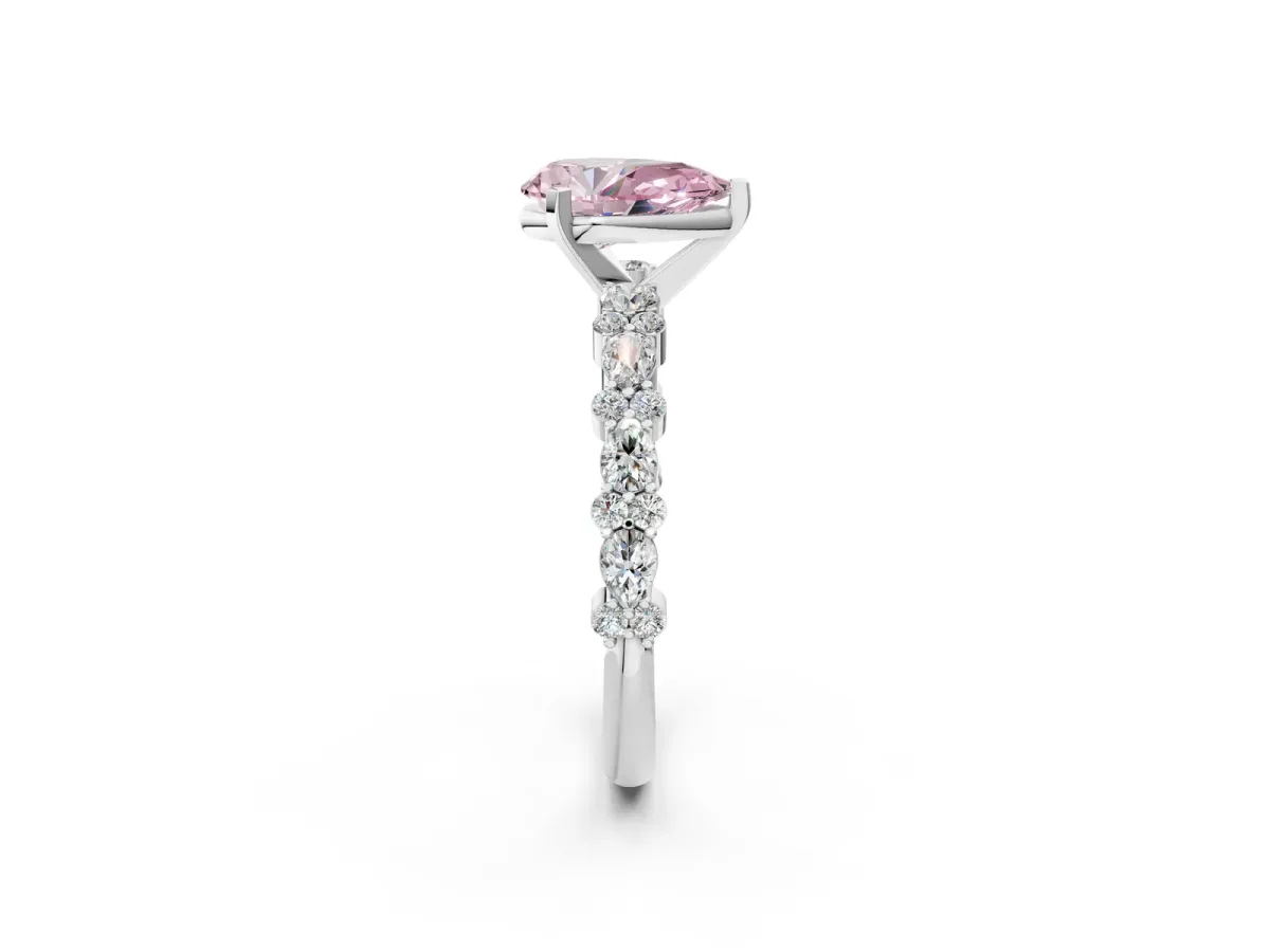 Fancy Pink Pear Cut Diamond Side Stone Solitaire Ring with Round and Four-Prong Setting White gold