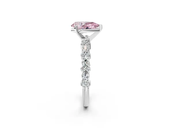Fancy Pink Pear Cut Diamond Side Stone Solitaire Ring with Round and Four-Prong Setting White gold