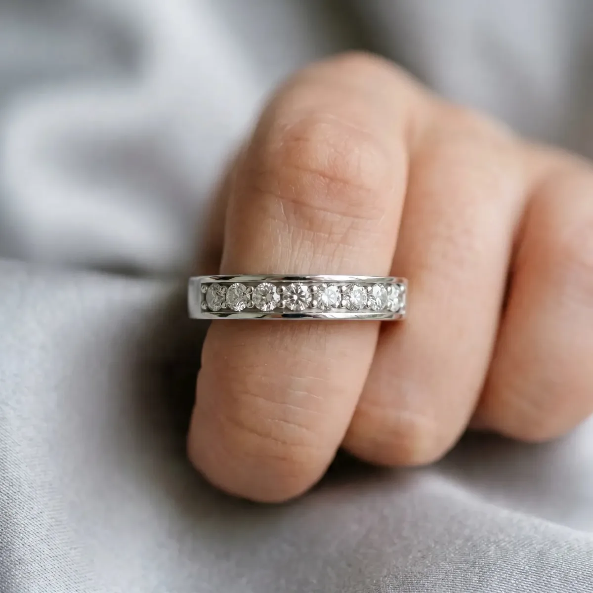 Channel-Set Round Diamond Eternity Band with Shared Prong Setting Silver