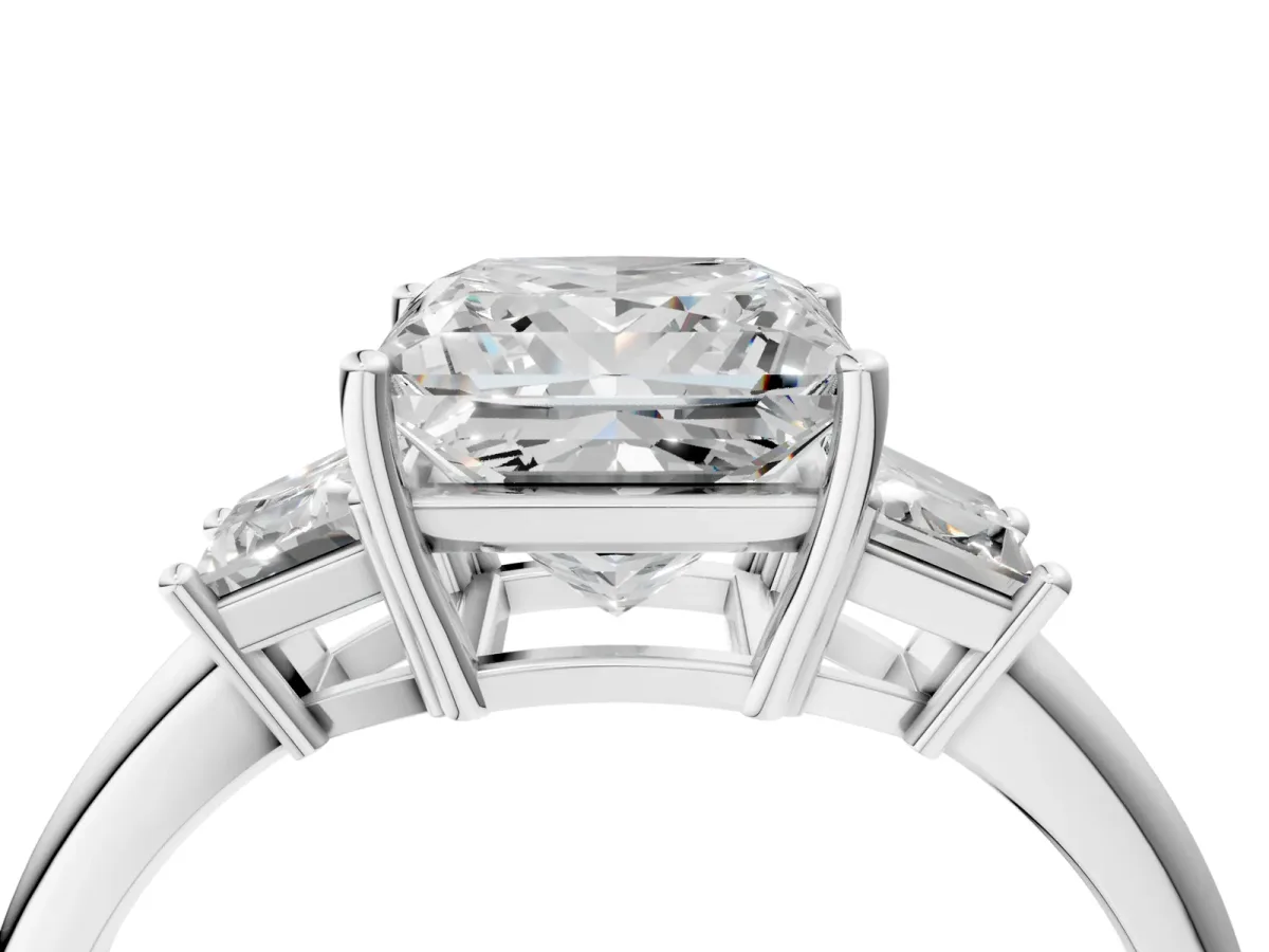 Princess Cut Diamond Three-Stone Ring with Trapezoid Side Stones and Prong Setting Platinum