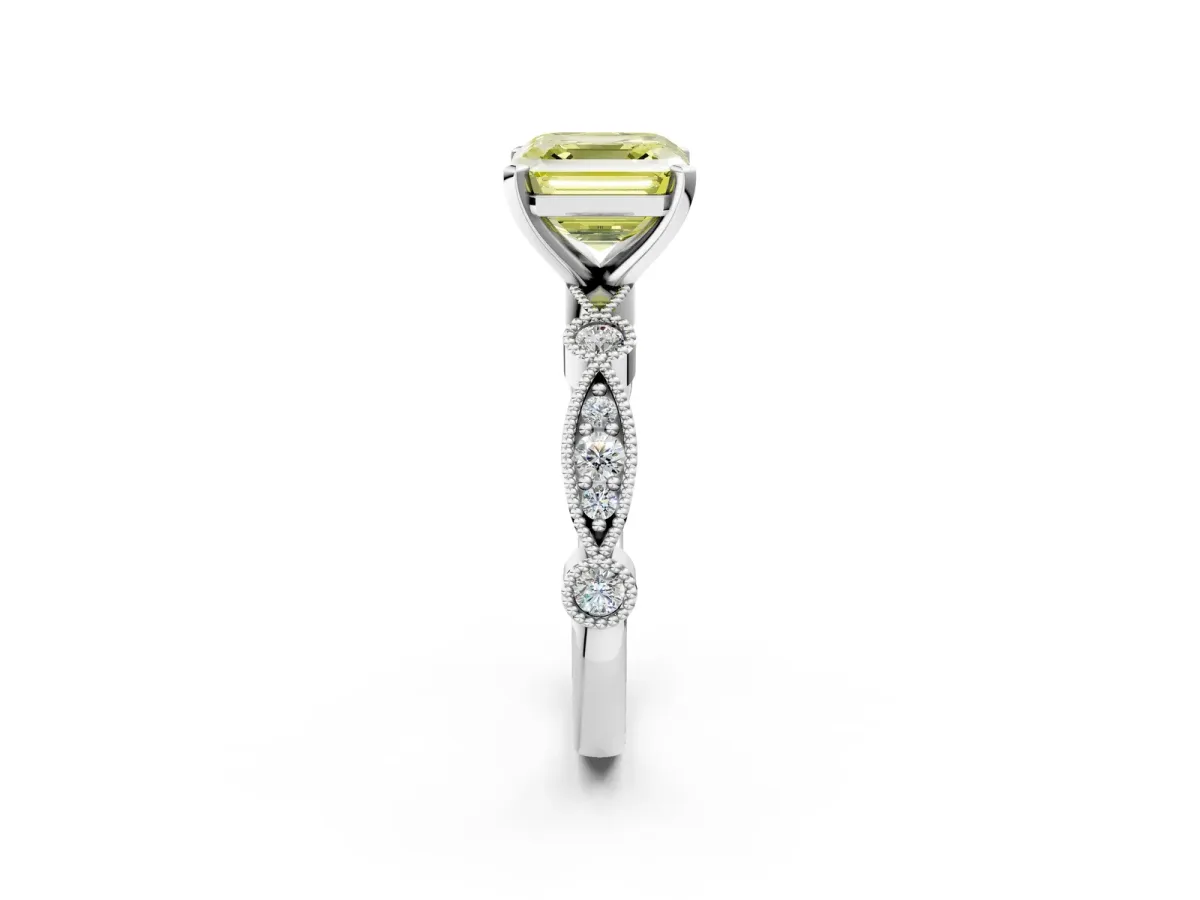 Fancy Yellow Asscher Cut Milgrain Bezel Diamond Engagement Ring with Solitaire Prong Setting Platinum