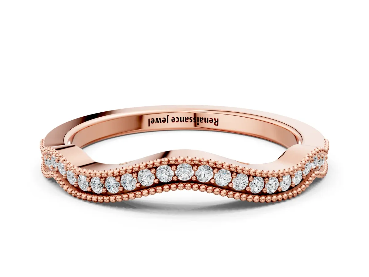 Pavé Round Diamond Curved Milgrain Band Rose gold