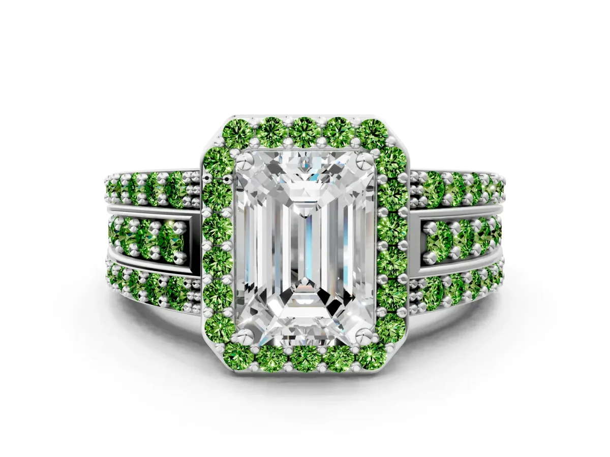 Emerald Cut Halo Diamond Ring with Round Peridot Split Shank and Prong Setting Platinum