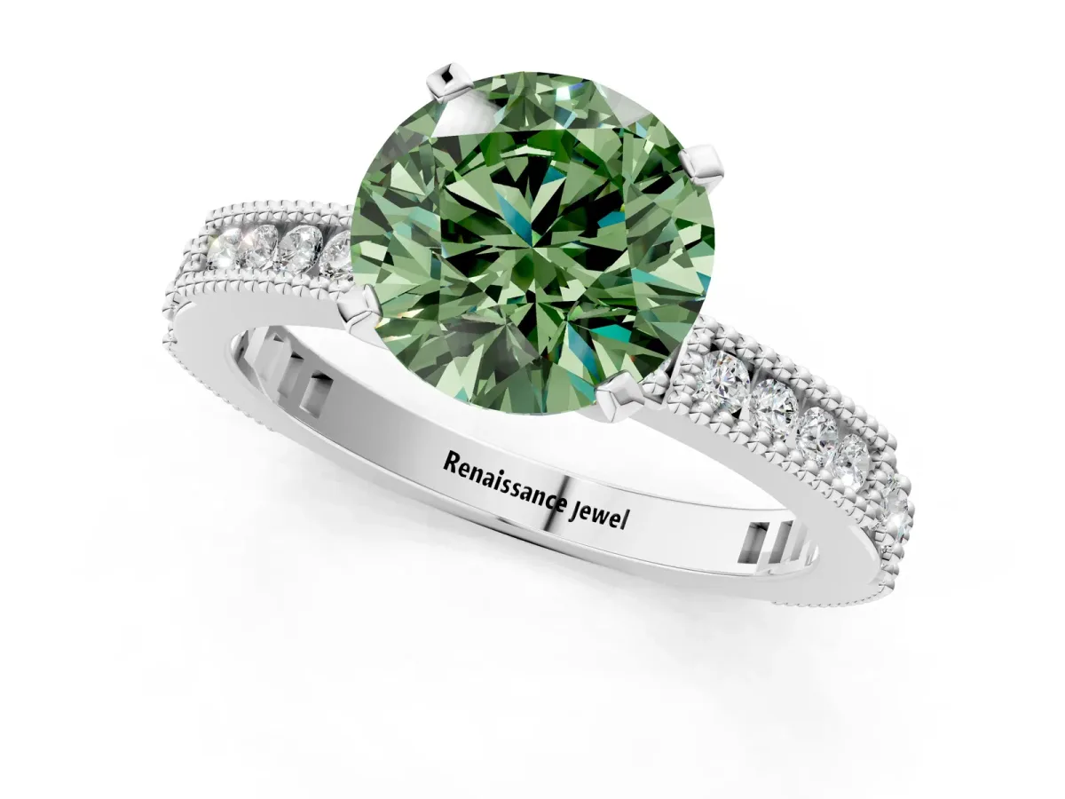 Fancy Green Round Cut Solitaire with Pavé Band and Four-Prong Setting Silver