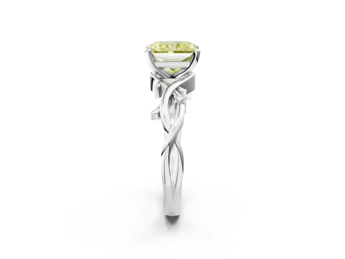 Fancy Yellow Radiant Cut Diamond Solitaire Ring with Twisted Band and Prong Setting Silver