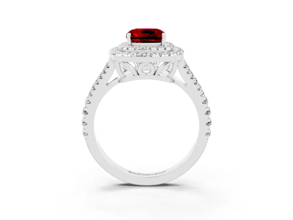 Cushion Cut Ruby Double Halo Ring with Pavé Band and Prong Setting Platinum